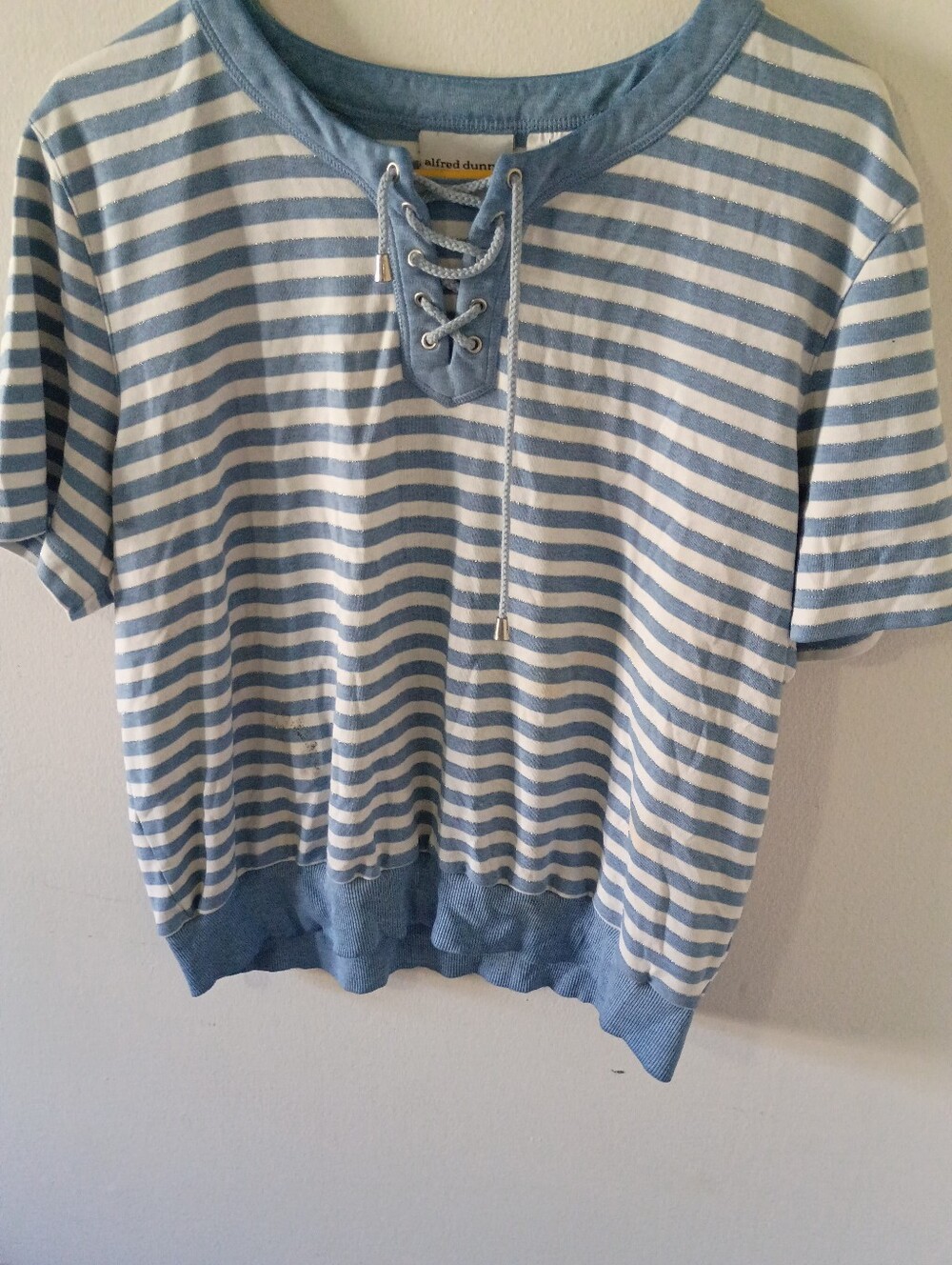 Alfred Dunner Blue & White Striped Lace-Up Short Sleeve Top
